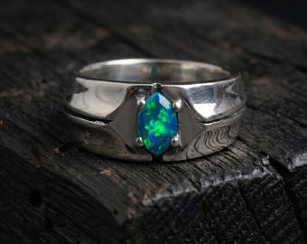 Anello da uomo con opale blu e fascia in argento sterling 925, anello di fidanzamento, regalo per lui.