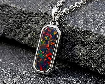Sterling Silver Black Opal Men's Necklace, Vintage Statement Jewelry