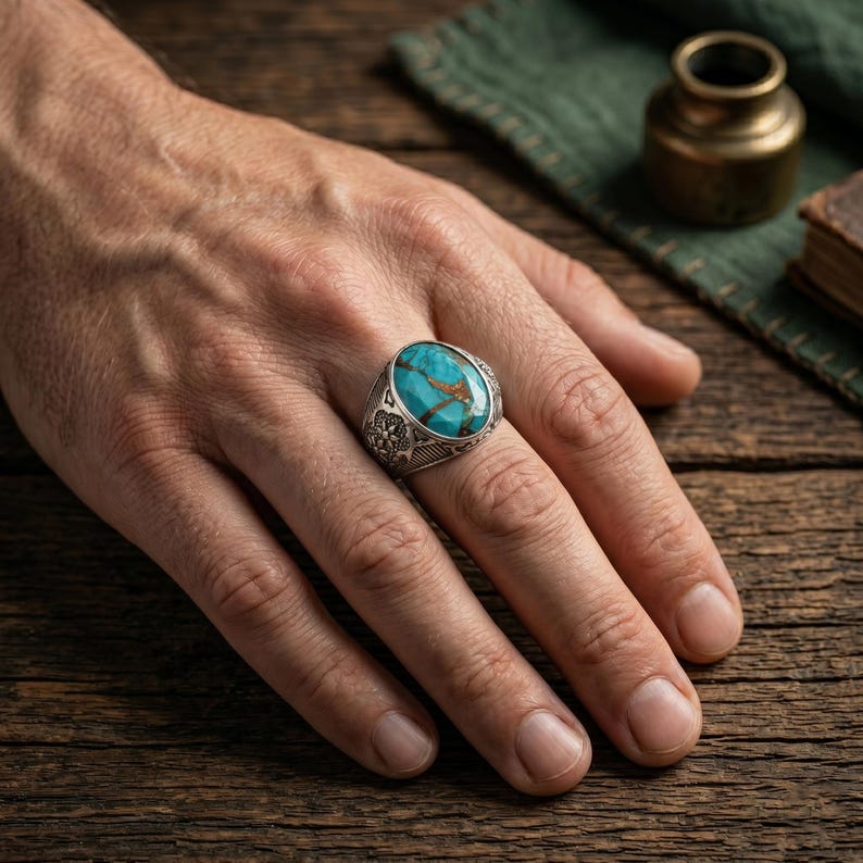 Natural Turquoise Men's Ring, 925 Sterling Silver Vintage Statement ...