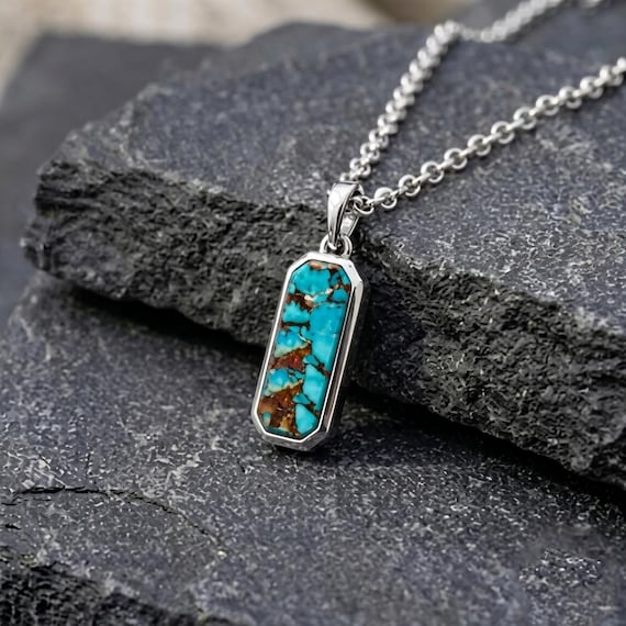 925 Sterling Silver Turquoise Gemstone Men's Vintage Pendant Necklace