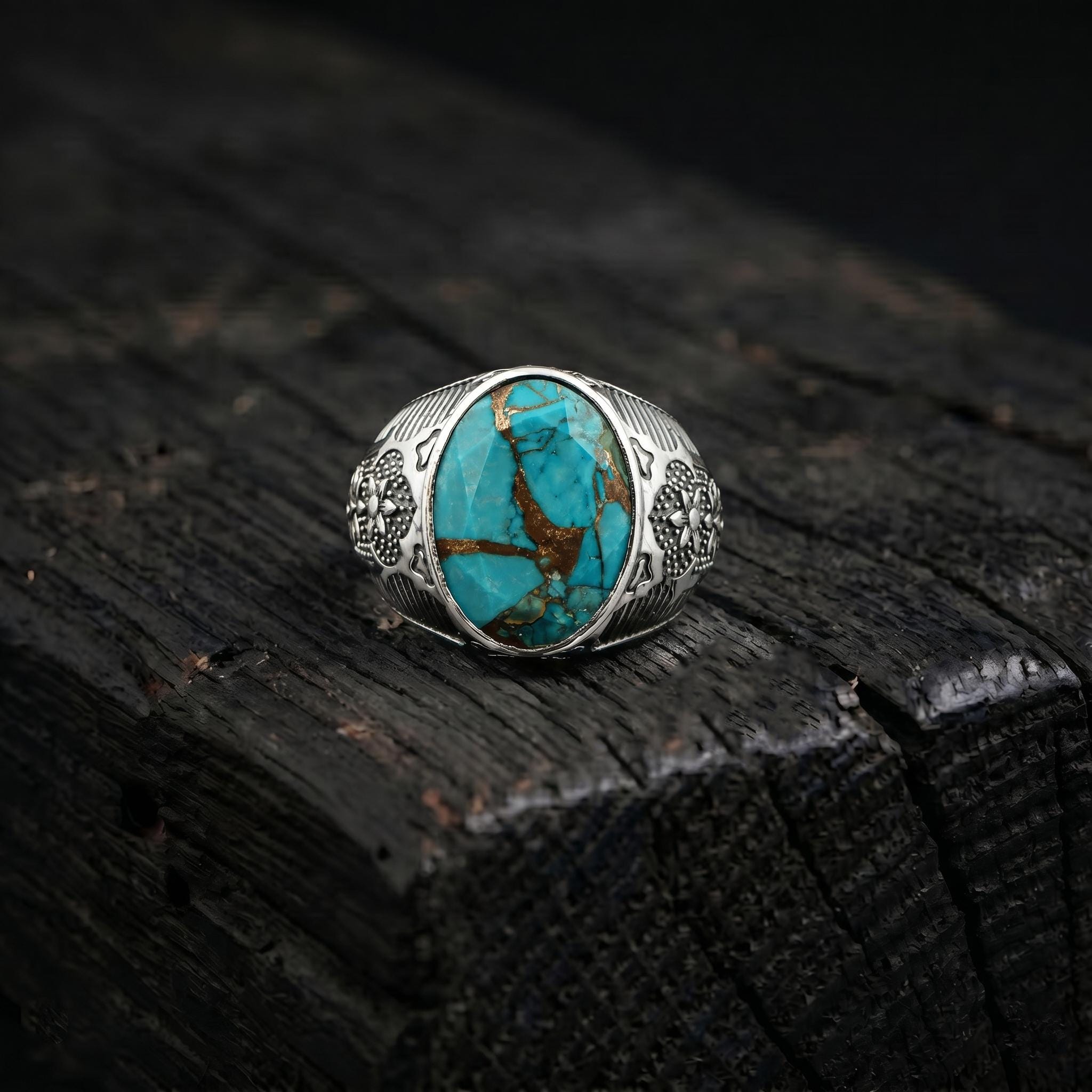 Natural Turquoise Men's Ring, 925 Sterling Silver Vintage Statement ...