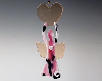 Contemporary Angel Art Glass-Ornament with a Heart, Spiral, and Wings-Pink, Black, and White