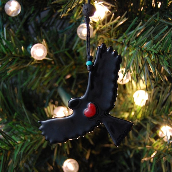 Glass Black Hawk Christmas Ornament with Red Heart-Original Art