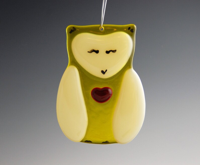 Glass Yellow Owl Christmas Ornament-Red Heart-Original Art-Adorable-Cute-Darling-Inner Peace Totem-Sweet-LOVE-Family