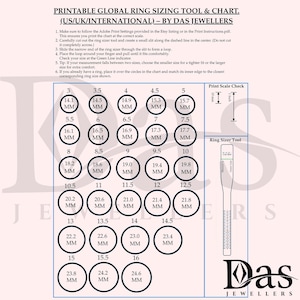 May include: Printable ring sizing tool and chart with US/UK/International measurements. Includes a ring sizer tool and circles with millimeter measurements from 14.1mm to 24.6mm. Instructions are also provided.