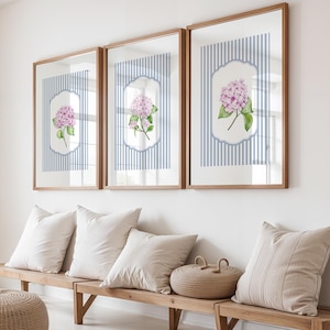 Dorm Wall Art Pink Hydrangeas Set of 3, Watercolor Floral Prints, Aesthetic Decor for College Room,  Trendy Girls Room, Digital Download