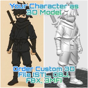 Puede incluir: Ilustración y modelo 3D de un personaje ninja. La ilustración muestra un ninja con atuendo negro y una espada. El modelo 3D es una versión en escala de grises del ninja. El texto dice "Your Character as 3D Model" y "Order Custom 3D File".