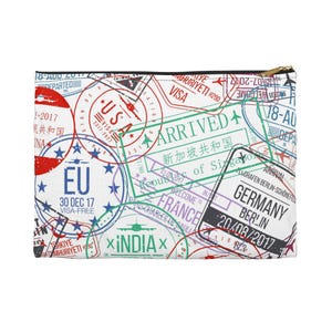 Travel Stamp Accessory Pouch | Vintage Passport Print Pouch, Travel Makeup Bag, Organizer, Souvenir, Gift for Travelers
