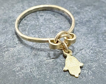 Baumeln Goldring, Gold Charm Ring, Hamsa Ring, Evil Eye Ring, zierlicher Ring, Glücksgeschenk, Gold gefüllt Ring, gestapelter Ring, Boho Goldring