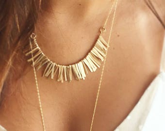 Gold necklace, Boho necklace, Bib necklace, Fringe necklace, Statement necklace, Gift for her, Layered necklace, Trendy necklace, Festival