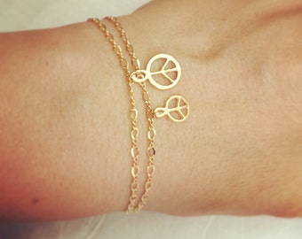 Gold bracelet, Layered bracelet, Gold charm bracelet, Peace bracelet, Gold filled bracelet, Dainty charm bracelet, Gift under 20