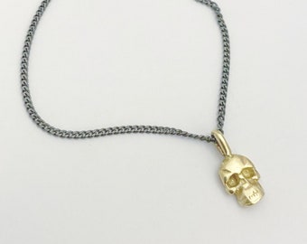 Skull necklace, Solid gold pendant, Layered necklace, Necklace for women, Oxidized silver necklace, Gothic necklace, Skull jewelry, 14k,Boho