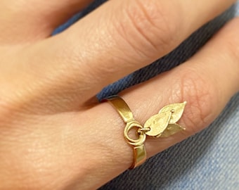 Gold charm ring, Gold dangle Ring, Gold ring for women, Solid gold ring, 14k gold ring, Leaves ring, Gold boho ring, Unique,Bohemian,Stacked