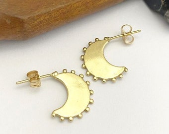 Solid gold earrings, Hoop stud earrings, 14K gold earrings, Unique hoop earrings, Half moon earrings, India gold earrings, Boho earrings