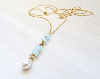 Collar Boho, Collar largo, Collar de gotas, Collar de oro delicado, Collar en capas, Collar de Lariat, Collar de gota de perlas, Joyería Boho