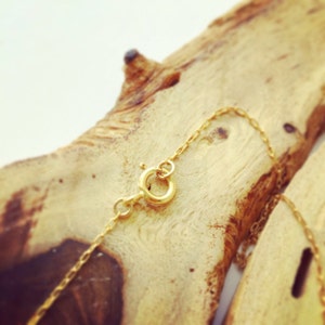 May include: A gold chain necklace with a lobster clasp closure. The chain is delicate and has a fine link pattern.