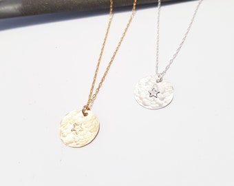 Gold disc necklace, Silver necklace for women, Star necklace, Layered necklace, Gold filled necklace, Hammered necklace, Everyday necklace