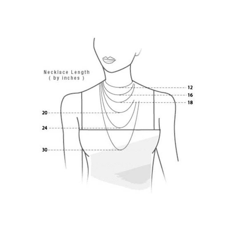 May include: A line drawing of a person's neck and shoulders with a series of necklaces of different lengths. The lengths are marked in inches from 12 to 30 inches.