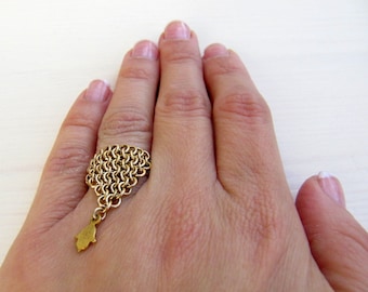Gold statement ring, Gold charm ring, Gold boho ring, Dangle ring, Gold ring women, Gold filled ring, Silver statement ring, chain mail