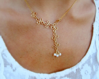 Gold necklace, Bridal necklace, Boho necklace, Boho wedding, Pearl bridal necklace, Pearl necklace, Lariat necklace, Drop necklace