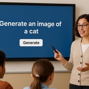May include: A woman in glasses points at a screen displaying "Generate an image of a cat" and a "Generate" button. Two children are in the foreground, facing the screen. The screen is blue, and the woman wears a beige cardigan.
