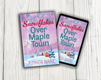 Portada ilustrada de libro romántico con paisaje nevado, diseño prediseñado de pueblo de montaña (lista para KDP, descarga PNG)