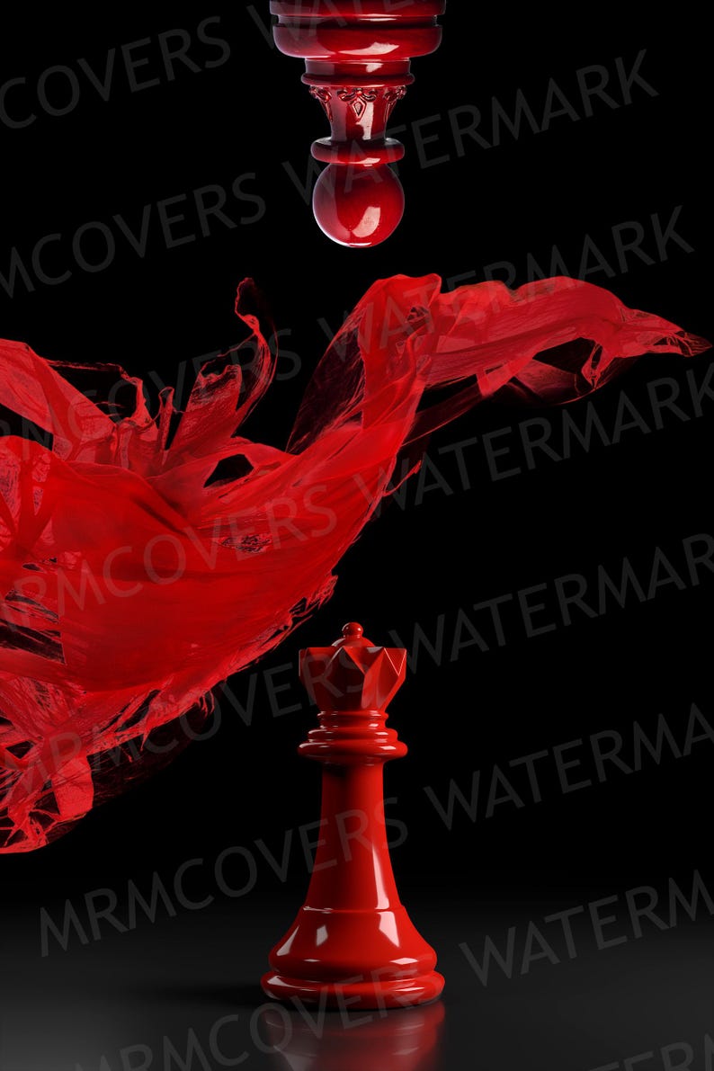 K&ouml;nnte beinhalten: Ein eindrucksvolles Bild mit einer roten Schachk&ouml;nigin und einer Schachfigur, die dar&uuml;ber schwebt. Ein flie&szlig;ender roter Stoff sorgt f&uuml;r Dynamik vor schwarzem Hintergrund. Die K&ouml;nigin ist der Fokus, mit ihrem klassischen Design.
