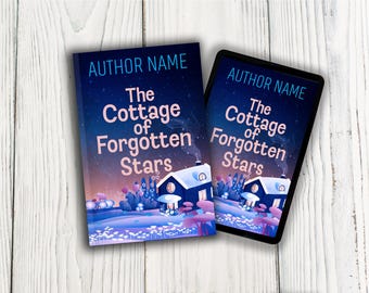 Portada de libro de fantasía ilustrada prediseñada de La noche estrellada, diseño de cabaña mágica (lista para KDP, descarga PNG)