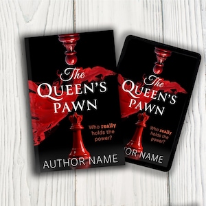 K&ouml;nnte beinhalten: Zwei Buchcover und eine Karte mit dem Titel "The Queen's Pawn" in wei&szlig;er Schrift &uuml;ber einem roten Spritzer auf schwarzem Hintergrund. Auf jedem Cover ist eine rote Schachfigur abgebildet. Der Text "Who really holds the power?" ist ebenfalls sichtbar.