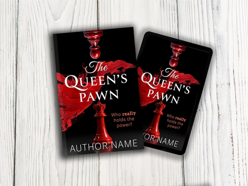 K&ouml;nnte beinhalten: Zwei Buchcover und eine Karte mit dem Titel "The Queen's Pawn" in wei&szlig;er Schrift &uuml;ber einem roten Spritzer auf schwarzem Hintergrund. Auf jedem Cover ist eine rote Schachfigur abgebildet. Der Text "Who really holds the power?" ist ebenfalls sichtbar.