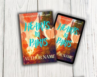 May include: A book and a tablet displaying the cover of "Hearts in Paris". The cover features the Eiffel Tower, hearts, and the title in turquoise. The text "The story of how they met again" is also visible.