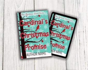 Portada ilustrada de libro romántico con diseño de cardenal, diseño prediseñado de árbol de Navidad campestre (listo para KDP, descarga PNG)