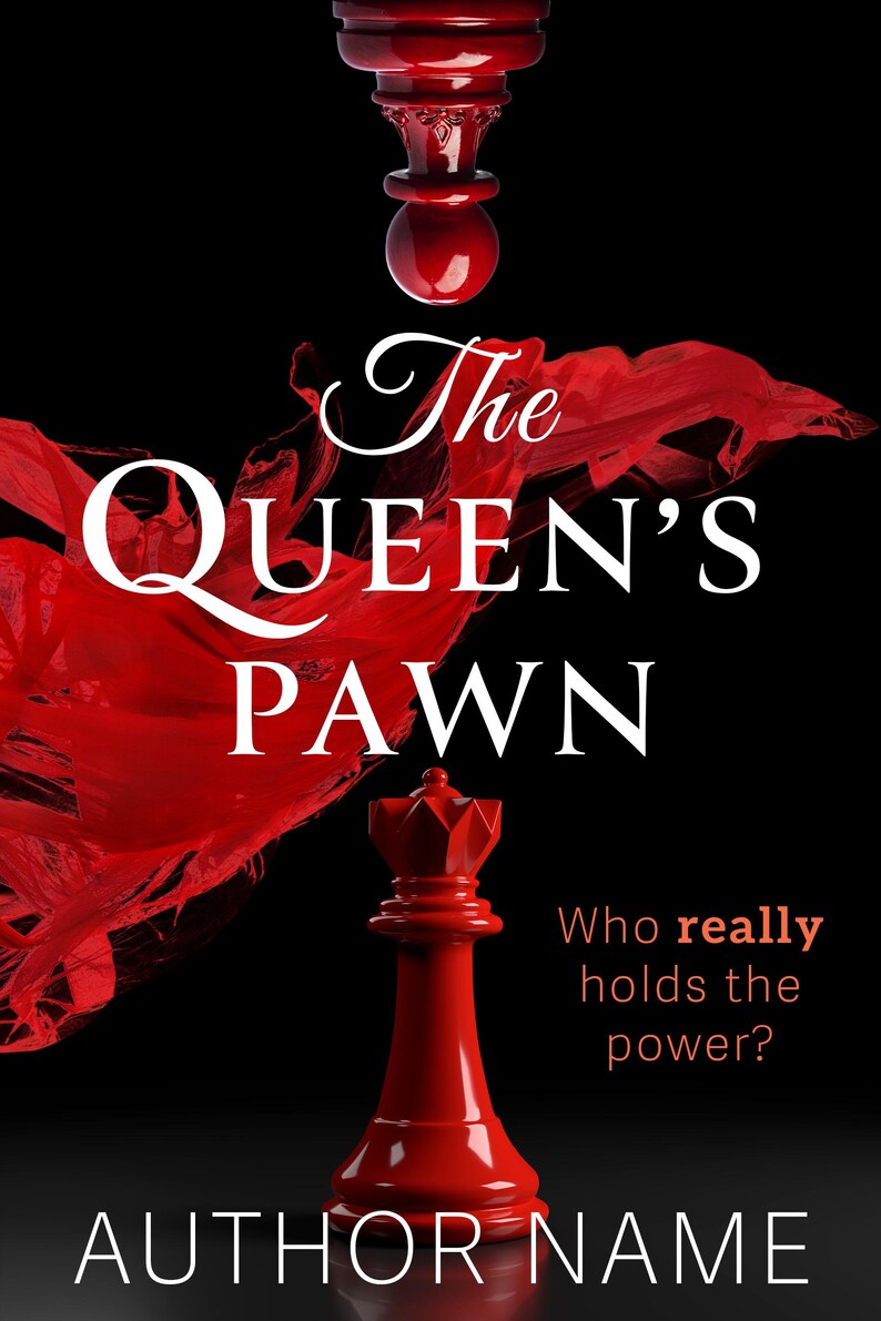 K&ouml;nnte beinhalten: Buchcover mit rotem Schachfiguren-Design vor schwarzem Hintergrund. Der Titel "The Queen's Pawn" ist wei&szlig;, mit dem Namen des Autors unten. Der Slogan "Who really holds the power?" ist ebenfalls enthalten.