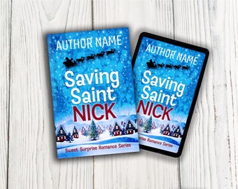 Portada ilustrada de libro romántico con temática de pueblo nevado, diseño prediseñado de Papá Noel (listo para KDP, descarga PNG)