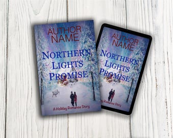 Portada ilustrada de novela romántica invernal en acuarela, diseño prediseñado de cabaña nevada (descarga PNG, compatible con KDP)