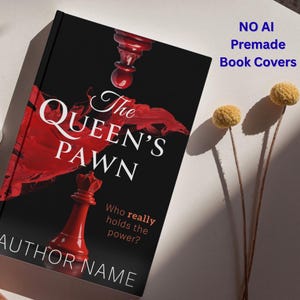 K&ouml;nnte beinhalten: Buchcover-Design mit dem Titel "The Queen's Pawn" in wei&szlig;en Buchstaben auf schwarzem Hintergrund. Rote Schachfiguren und ein rotes abstraktes Design sind abgebildet. Der Text "Who really holds the power?" ist ebenfalls enthalten. Die Worte "NO AI Premade Book Covers" befinden sich in der oberen rechten Ecke.