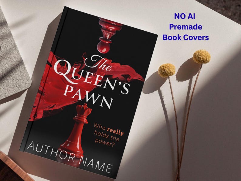 K&ouml;nnte beinhalten: Buchcover-Design mit dem Titel "The Queen's Pawn" in wei&szlig;en Buchstaben auf schwarzem Hintergrund. Rote Schachfiguren und ein rotes abstraktes Design sind abgebildet. Der Text "Who really holds the power?" ist ebenfalls enthalten. Die Worte "NO AI Premade Book Covers" befinden sich in der oberen rechten Ecke.