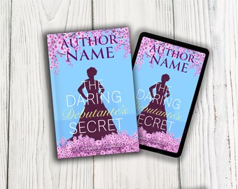 Portada de libro romántico de debutantes de la Regencia: silueta de mujer ilustrada con flores de cerezo (descarga PNG, compatible con KDP)