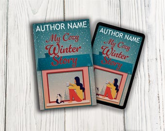 Portada de libro ilustrado de romance con ventana acogedora, diseño prediseñado para vacaciones de invierno (compatible con KDP, descarga PNG)