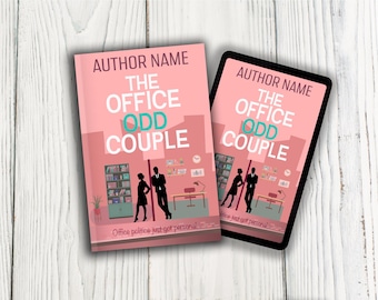 Portada ilustrada de libro de romance de pareja en la oficina, diseño prediseñado con fondo rosa (descarga PNG, compatible con KDP)