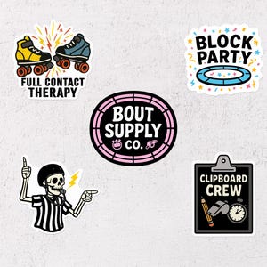 May include: A collection of colorful stickers with various designs. One sticker features roller skates with the text "FULL CONTACT THERAPY." Another says "BLOCK PARTY." Other stickers include a logo and a referee skeleton.