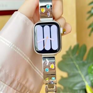 Metal Inlaid with colored gemstones Steel Apple Watch Band, Bracelet, Strap, 38mm 40mm 41mm 42mm 45mm 46mm 49mm, Series 1-10,Brithday Gifts