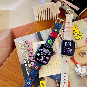Handmade Denim Leather Rings Colorful Apple Watch Band-Funky Y2K StyleStrap-Compatible with Series 1-10 SE Ultra-Unique Gift for her