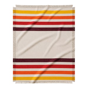 May include: A rectangular blanket with a cream-colored center and horizontal stripes in yellow, orange, red, and burgundy. The blanket has a fringed edge. The stripes are evenly spaced across the width of the blanket.