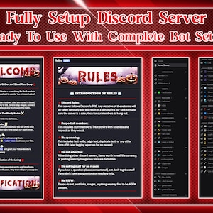 May include: A red and black graphic advertising a Discord server setup. The text says "Fully Setup Discord Server Ready To Use With Complete Bot Setup." The image includes sections for welcome, rules, and server guides.
