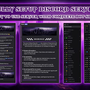 May include: A digital graphic promoting a fully setup Discord server. The image features text and screenshots of the server's interface, including welcome, rules, and server details. The text is in white and purple, with a dark background.
