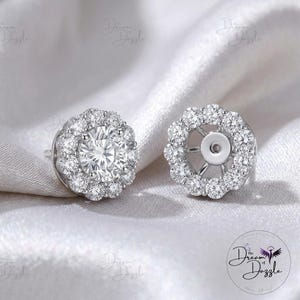 Created Diamond Gemstone Halo Jacket Earrings, Sterling Silver Studs