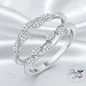 Pierścień ochronny z diamentami w szlifie markizowym, platerowany 14-karatowym białym złotem