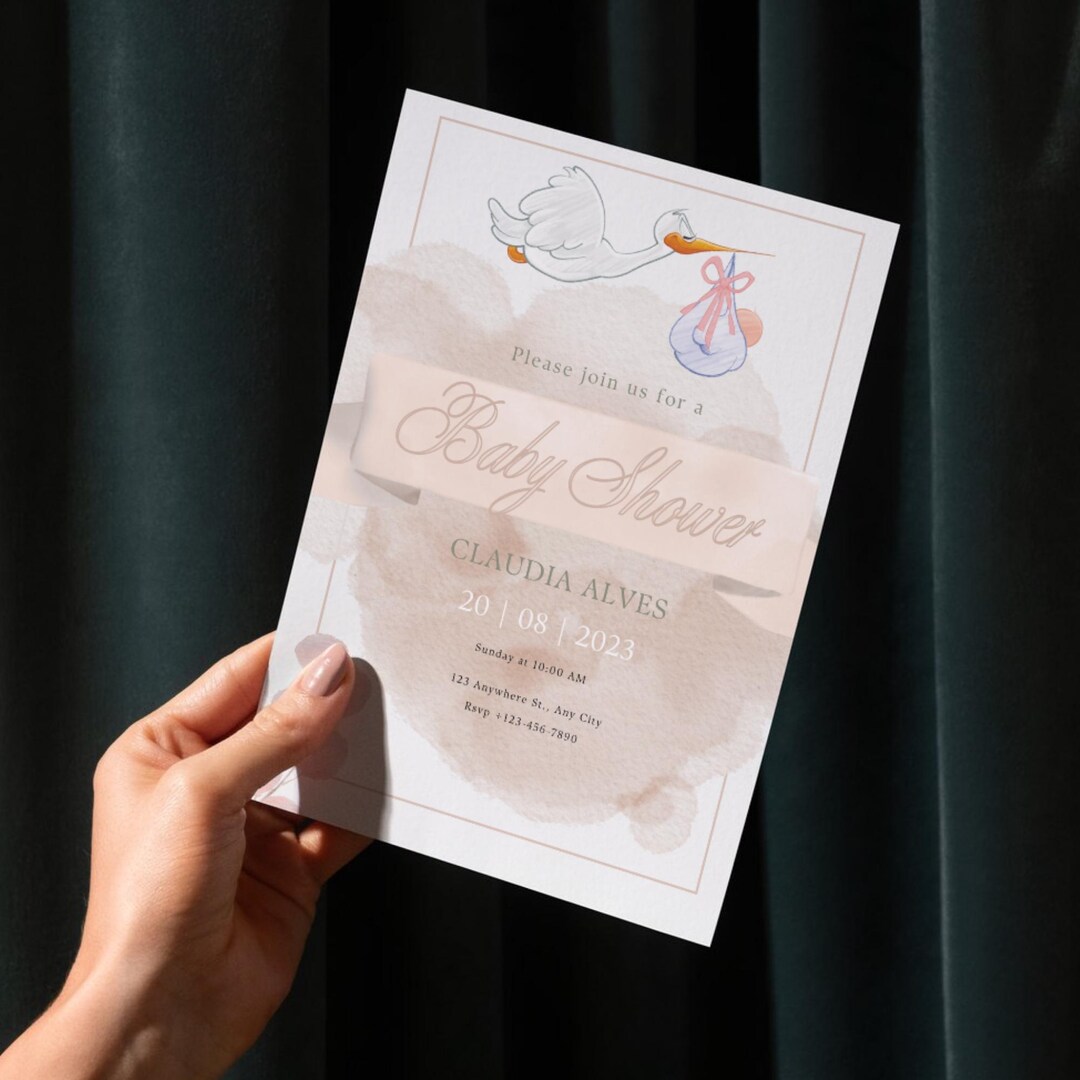 Editable Stork Baby Shower Invitation Template, Pink Neutral Digital ...