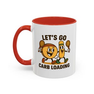 Lets Go Carb Loading Mug Funny Tennis Mug with Bagel and Breadstick Design Whimsical Gift for Tennis Lovers